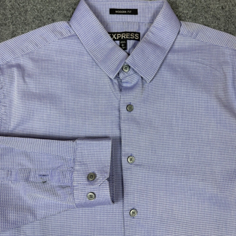 Express Modern Fit Mens Large 16-16.5 Purple Houndstooth Dress Shirt Cotton
